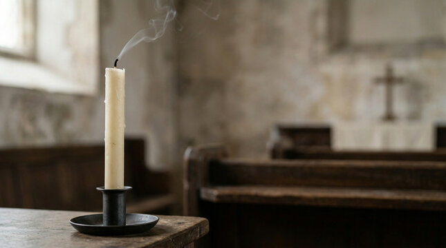 Extinguished candle with smoke in an old church interior  