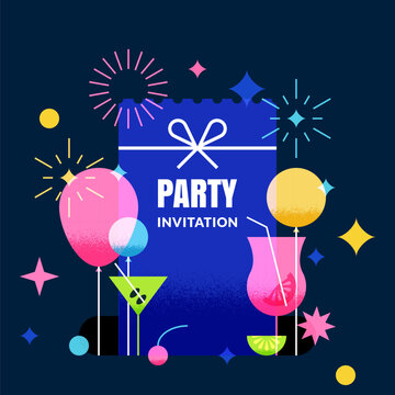 Vector party invitation with balloons and cocktails. Design for birthday, celebration, club events, holiday promotions