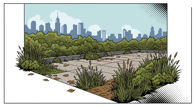 Urban rooftop garden with city skyline in comic book style