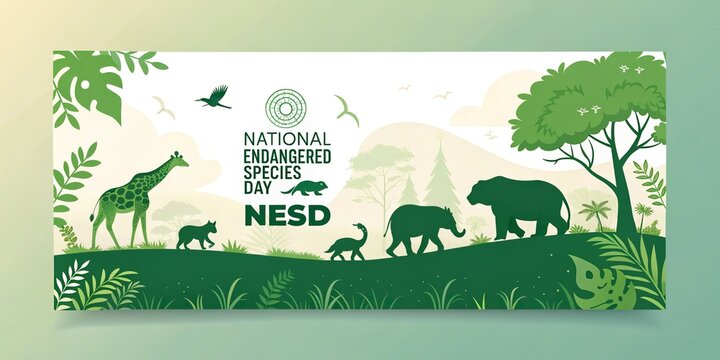 Endangered wildlife animals in green silhouette landscape for national species day