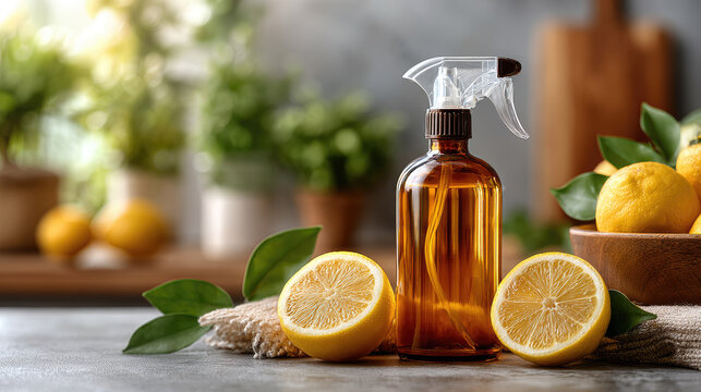 Amber spray bottle with homemade lemon cleaner representing sustainable zero waste kitchen practices, creating conscious eco friendly alternative for natural household cleaning