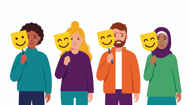 Vector illustration of person holding confident mask to hide anxiety and self-doubt. Psychological struggle, professional fraud feeling, mental health and identity.