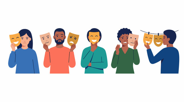 Professional person wearing a mask to hide self-doubt and fear. Illustration of psychological fraudulence, anxiety, and mental health struggle in the workplace.