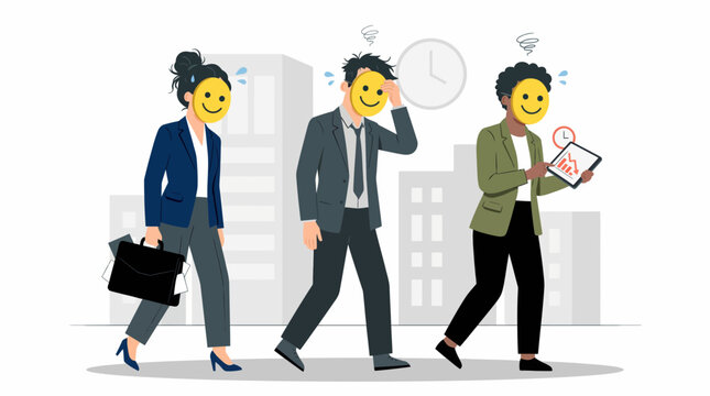 Anxious professional wearing a smiling mask to hide self-doubt and insecurity. Psychological fraud feeling, mental health, and social pressure. Vector illustration.