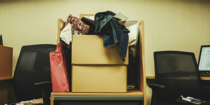 A cluttered office space characterized by overflowing boxes and bags, creating disarray