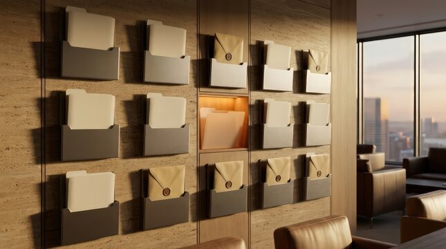 Premium office filing wall background with organized document pockets sealed envelopes and highlighted final review slot for quarter end reporting