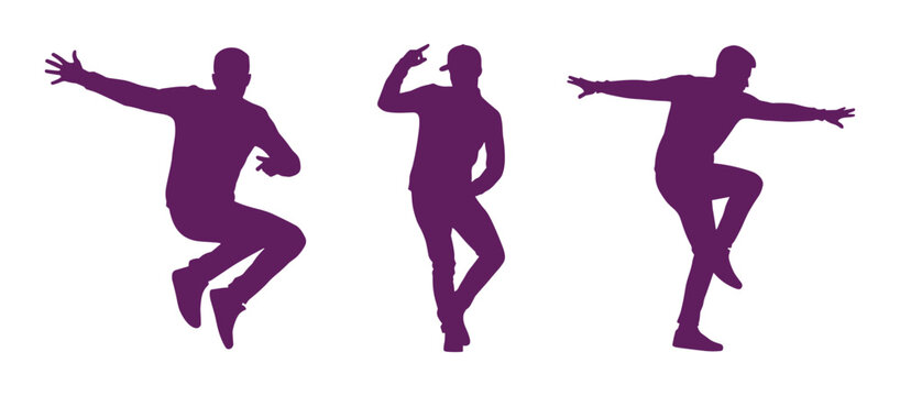 Dynamic Dancing Men Silhouette Set &mdash; Jumping, Posing, Energetic Dance Moves Purple Vector Illustration