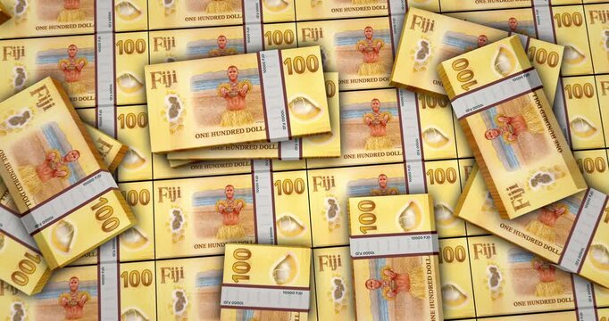 Fiji dollars Fijian money banknotes 3d animation. 100 FJD packs concept of inflation, economy, crisis, business, banking, debt and finance.