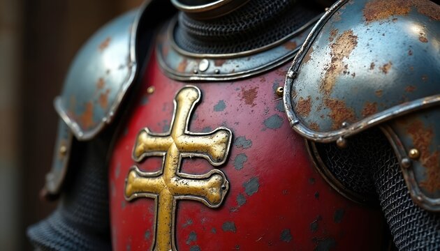 Close up of medieval knight armor chest plate. Red metal shows golden cross emblem. Steel pauldrons have rust. Chainmail visible underneath.