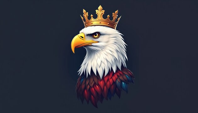 Majestic eagle head wears golden crown. Bird has white feathers and red blue plumage. Patriotic symbol, royal emblem, national power concept graphic.