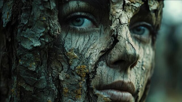 A woman's face, half hidden behind a textured tree bark, blends fantasy with nature in this surreal portrait. The artistic expression showcases creativity and environmental themes.