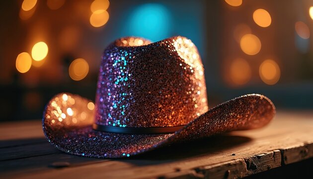 Sparkly cowboy hat rests on rustic wood surface. Blurred warm lights create festive bokeh effect. Glamorous western accessory for parties or country western style.