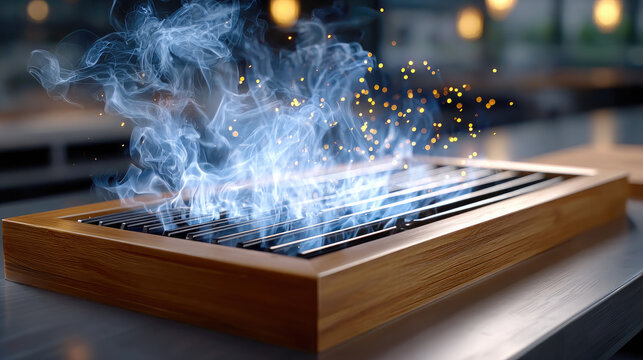 Portable barbecue grill with wooden frame emitting blue smoke and golden sparks, symbolizing grilling, cooking, and outdoor summer party preparations