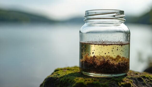 Glass jar holds murky water sample with sediment on mossy rock by blurred lake. Water quality test shows aquatic pollution evidence, environmental hazard.