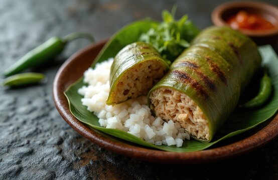 Indonesian lemper dish features sticky rice filled with shredded chicken, grilled in banana leaves, served on clay plate with rice and chili. Food presentation.