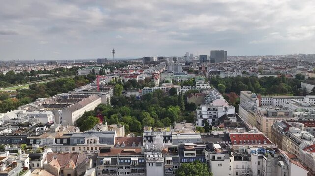 Drone aerial of Vienna residential districts showing urban planning and architecture.