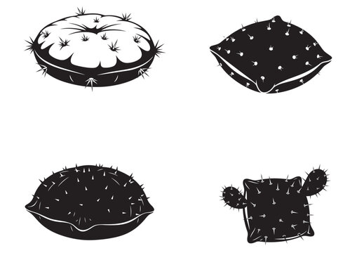 Set of black silhouette icons depicting uncomfortable pillows covered in sharp cactus thorns and spines.