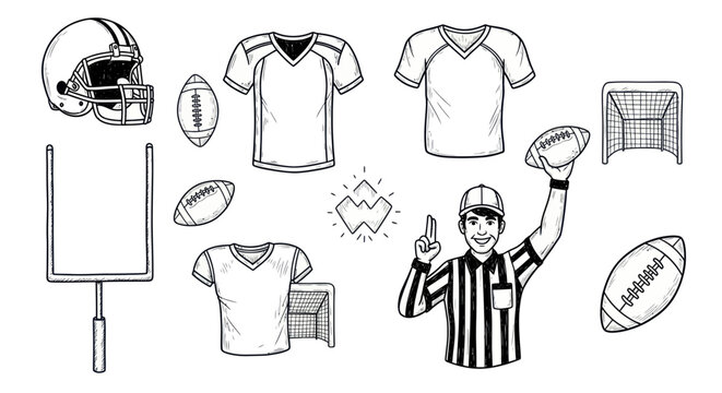 American Football Game Elements: Referee, Balls, Jerseys, Goalposts, Helmets