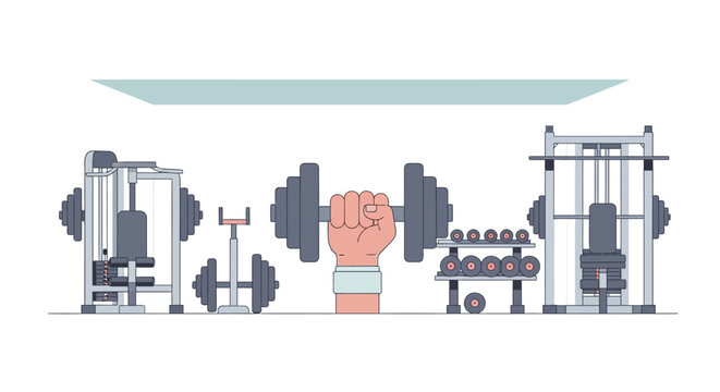 Modern weightlifting equipment and strong fist icon in gym setting
