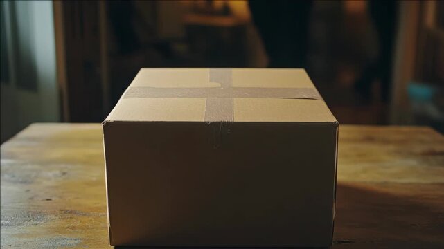 A brown box with handles, on a table. Light reflection suggests it was videographed in the evening.