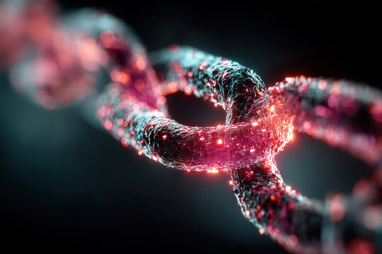 Glowing digital chain under stress, cybersecurity breach and blockchain vulnerability concept