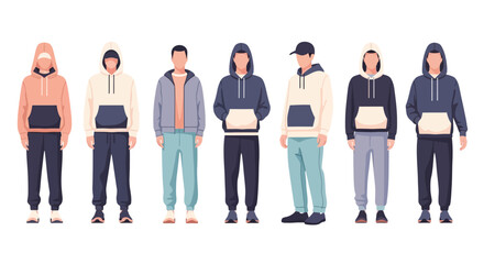 Fototapeta premium Diverse casual streetwear collection with hoodies and activewear in flat style