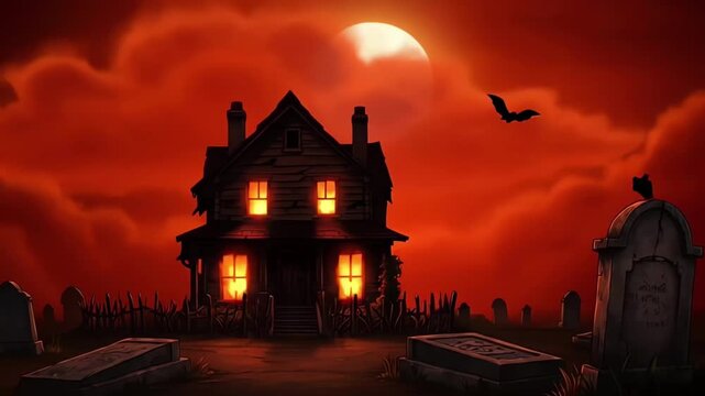 Spooky Haunted House in Graveyard Under Full Moon Halloween Animation