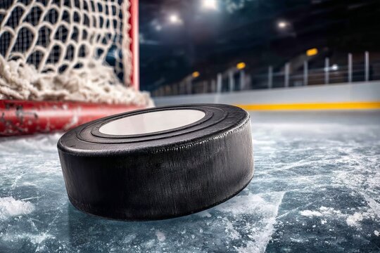 Closeup of Hockey Puck Resting on Scratched Ice Surface in Rink