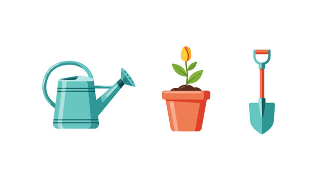 Gardening tools and flower pot with tulip in flat style