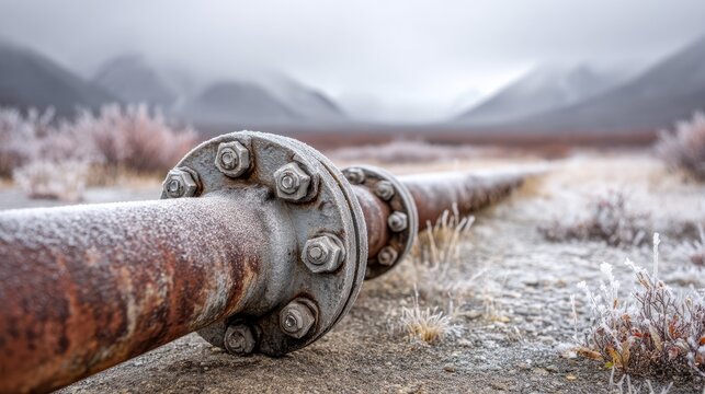 Oil Pipeline Valve on Tundra Ground with Leaking Environmental Impact