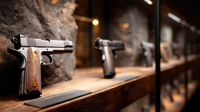 Handguns meticulously arranged on wooden stands in a modern firearm shop window, displaying premium pistols for sale, highlighting responsible gun ownership and security