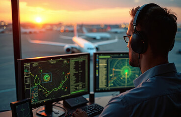 Naklejka premium Air traffic controller uses radar screens to monitor flights at sunset. Man in headphones works in control tower overseeing airplanes on tarmac. Aviation tech ensures safe journeys.
