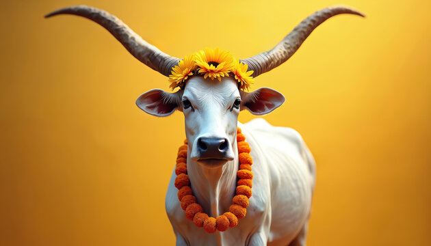 White cow with large horns wears yellow flower crown, orange marigold garland. This sacred animal is decorated for Indian festival celebration. Its presence signifies prosperity, divine blessing.
