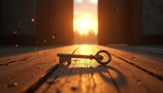 Old metal key lies on rustic wooden floorboards at sunset. Sunlight streams through open doorway casting long shadow. Warm ambient light suggests mystery discovery or new beginning.