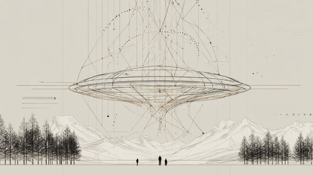 Futuristic Ufo Landing In Mountainous Landscape With Trees And People For Science Fiction Concepts
