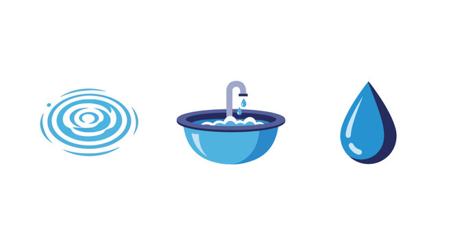 Water icon set with ripple, faucet, and droplet in flat design