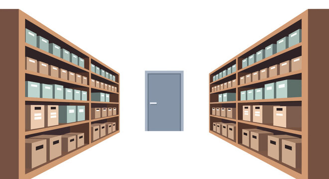 Organized office shelving with boxes and files in minimalist interior design