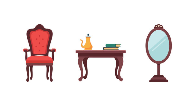 Elegant antique furniture set with armchair, table, and mirror