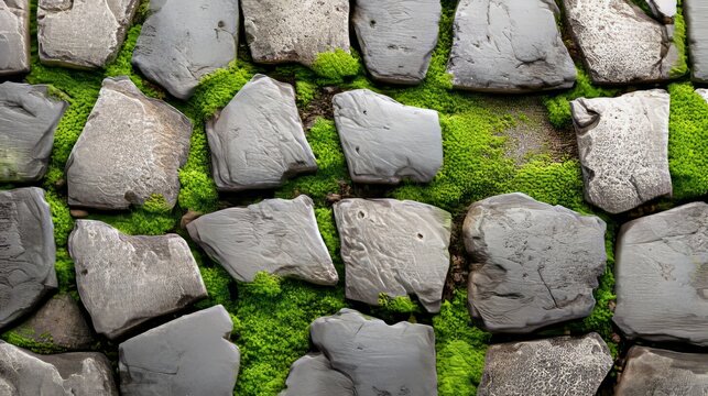 Broken Stone Pavement with Uneven Gaps and Green Moss Growth