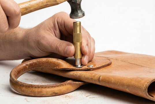 Craftsman hand using hammer and setting tool to install metal rivet on brown leather bag