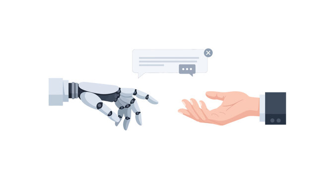 Human and robot hands reaching for connection in futuristic flat design