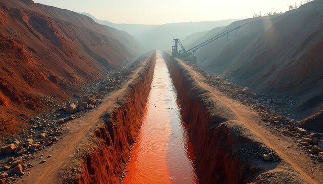 Reddish slurry flows through industrial channel in open pit mine. Excavator machine operates on vast excavation site with rugged terrain and hazy sky. Natural resource extraction.