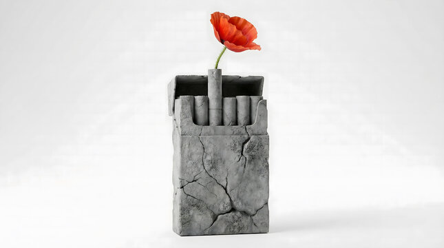 Concrete cigarette pack with a single red poppy flower growing out. Concept of health, quitting smoking, and life.