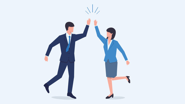ハイタッチをして喜ぶスーツを着た男女のビジネス人物ベクターイラスト
