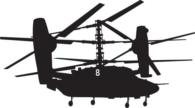 Silhouette of a tiltrotor aircraft, an advanced military helicopter, against a white background, army helicopter, army transport, army aviation