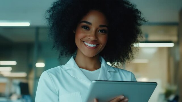 A young black woman in a lab coat is smiling and using a tablet computer. She appears to be in a modern, professional workplace environment.