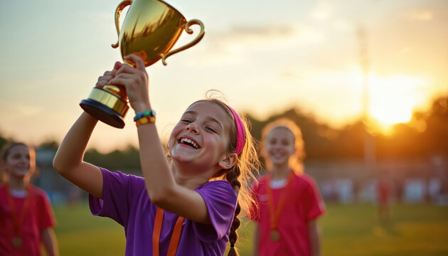 Young girl soccer player holds gold trophy. Child champion celebrates victory after sports game. Kids win award on field at sunset. Happiness and pride.