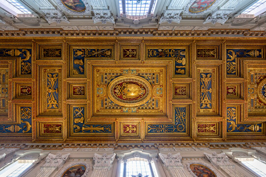Decorated ceiling of Lateran basilica (Archbasilica cathedral of Most Holy Savior and of Saints John Baptist and John Evangelist in the Lateran) in Rome, Italy