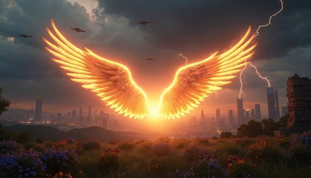 Glowing angel wings hover over a city during a stormy sunset. Lightning strikes skyscrapers while flowers bloom in the foreground. Flying craft are visible in the dark sky.