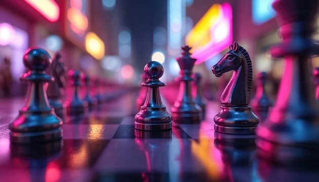 Chess pieces on board with neon city lights. Strategic game play in urban nightlife. Intellectual competition under bright glow. King pawn knight move.